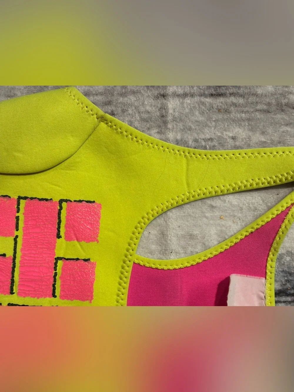 80s VINTAGE (bought dead stock) Neoprene Neon Green & Pink One-Piece Swimsuit